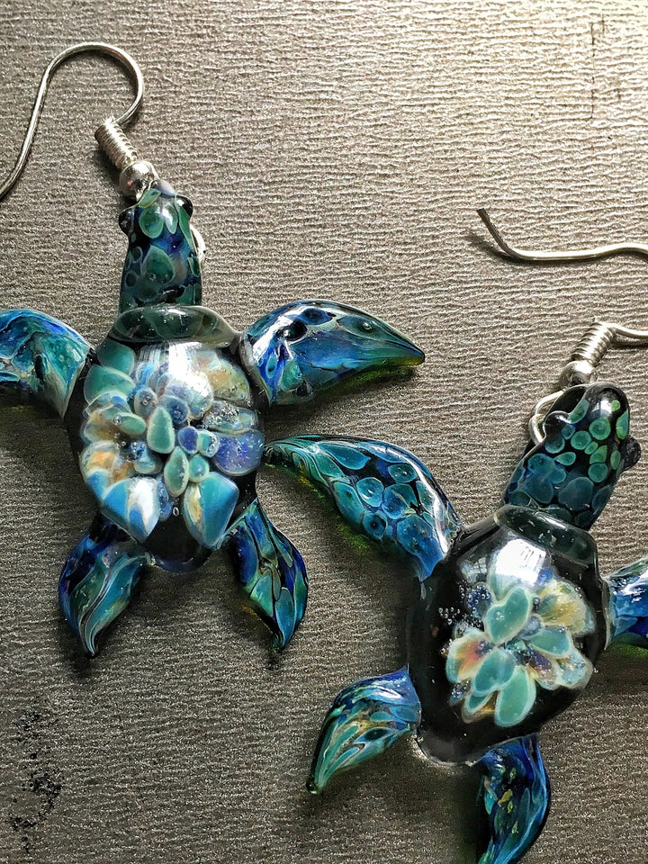 Handmade ocean blue and green glass sea turtle dangle earrings new by Burt - goth18